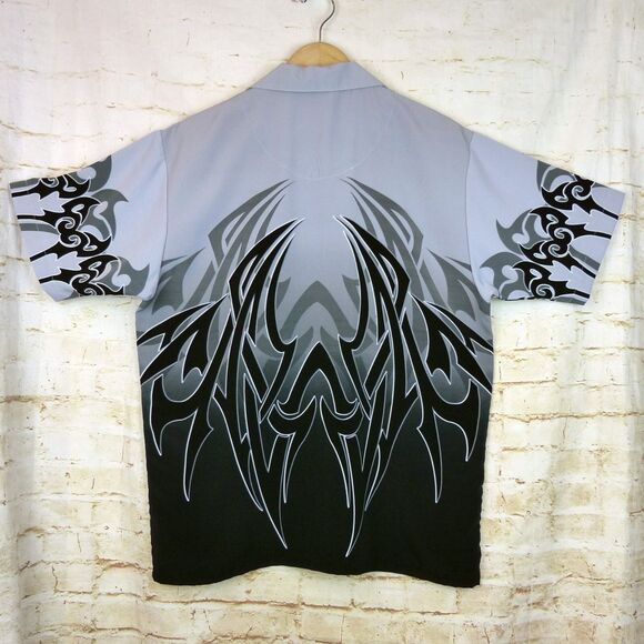 VTG Dragonfly Shirt Men M Gray Black Tribal Flame Button Loop Collar Grunge Bike - Picture 3 of 13
